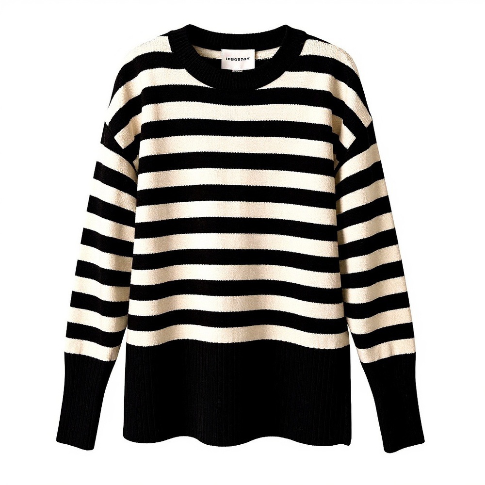 NWT Industry Republic‎ Women's Luxe Black Cream Striped Crew Neck Sweater Medium